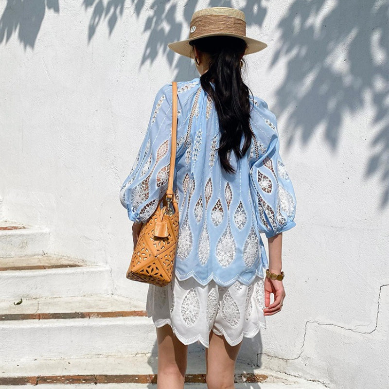 Blue Bohemian Cutout Embroidered Blouse by Kalamet - product image 4