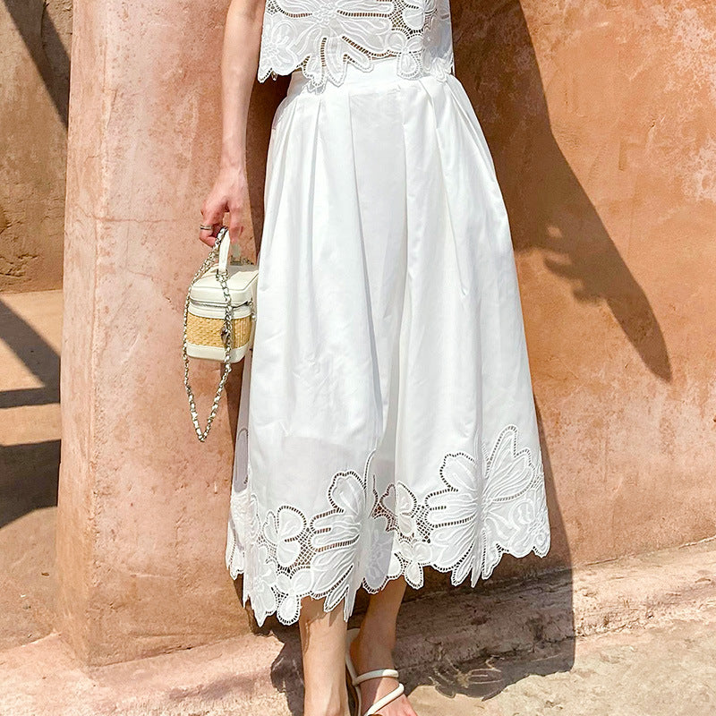 White Embroidered Top and Midi Skirt Set by Kalamet - product image 4