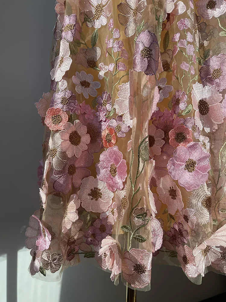 Luxury High Waist Floral Pleated Tulle Skirt