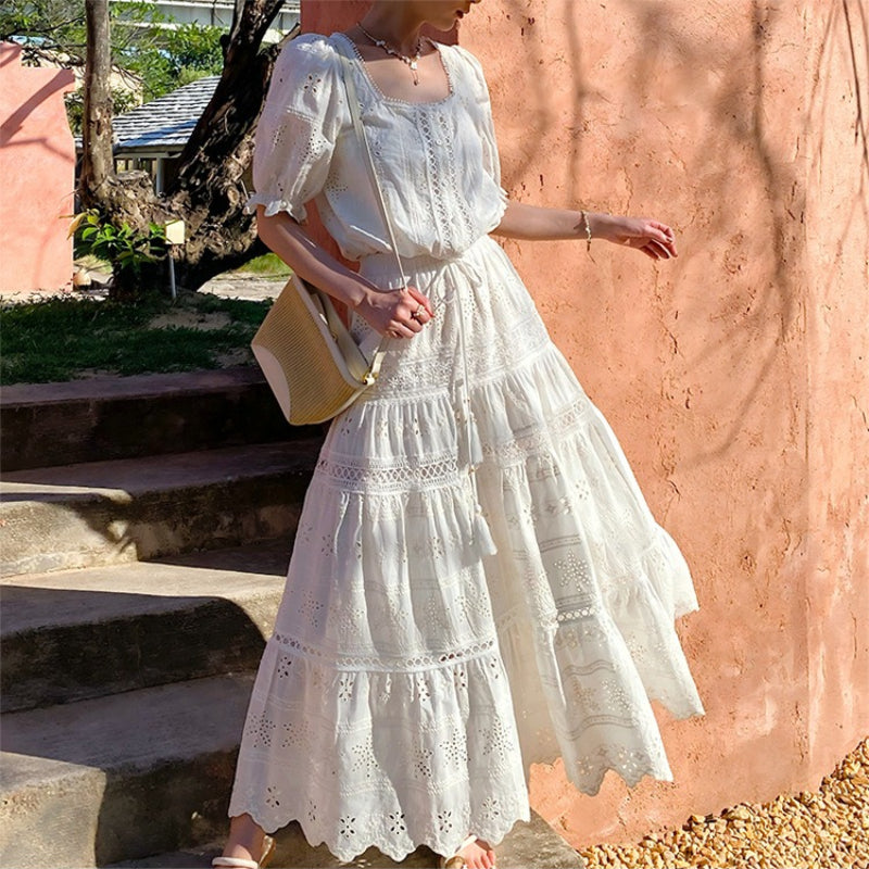 White Eyelet Puff Sleeve Skirt Set by Kalamet - product image 6