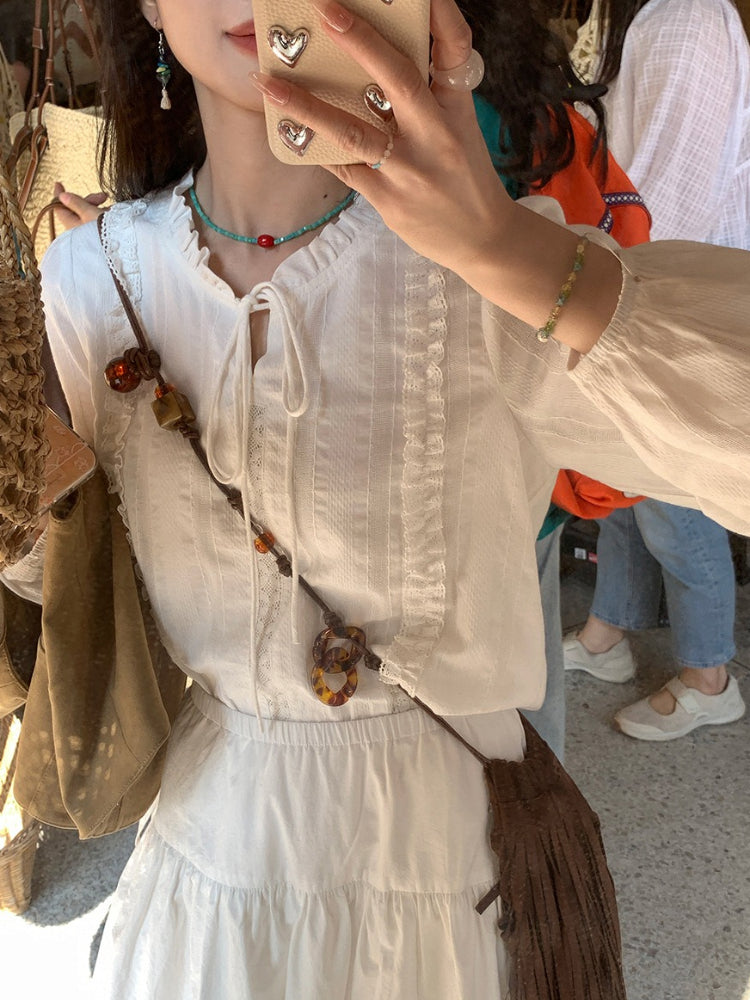 White Lace Trim Long Sleeve Blouse by Kalamet - product image 2