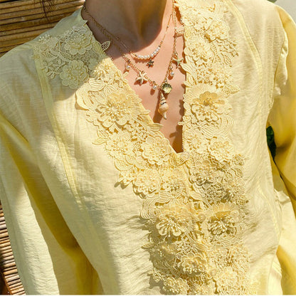 Floral Lace Trim Cotton Linen Blouse by Kalamet - product image 4