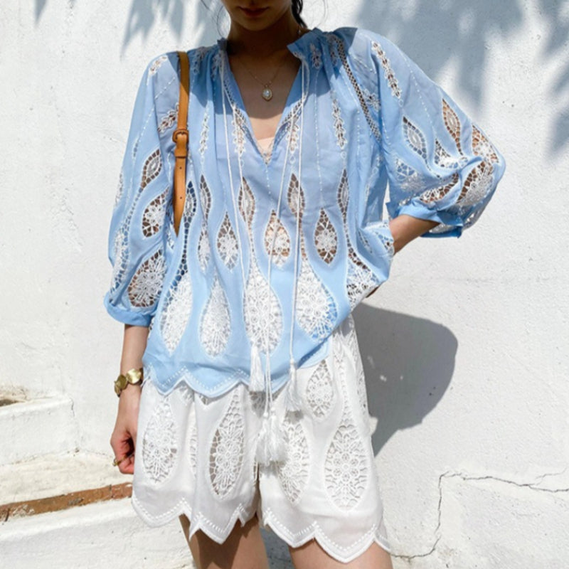 Blue Bohemian Cutout Embroidered Blouse by Kalamet - product image 3