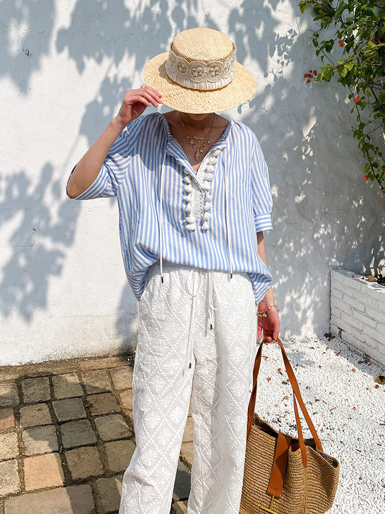 Blue Striped Lace-Up Boho Blouse by Kalamet - product image 4