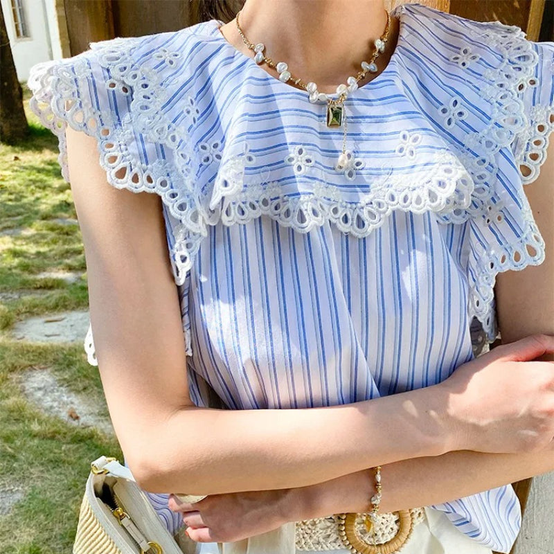 Striped Lace Trim Ruffle Blouse by Kalamet - product image 6