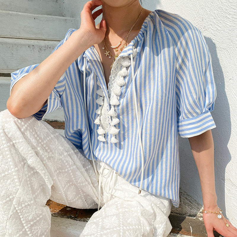 Blue Striped Lace-Up Boho Blouse by Kalamet - product image 2