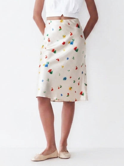 Painterly Floral Satin Bias Midi Skirt