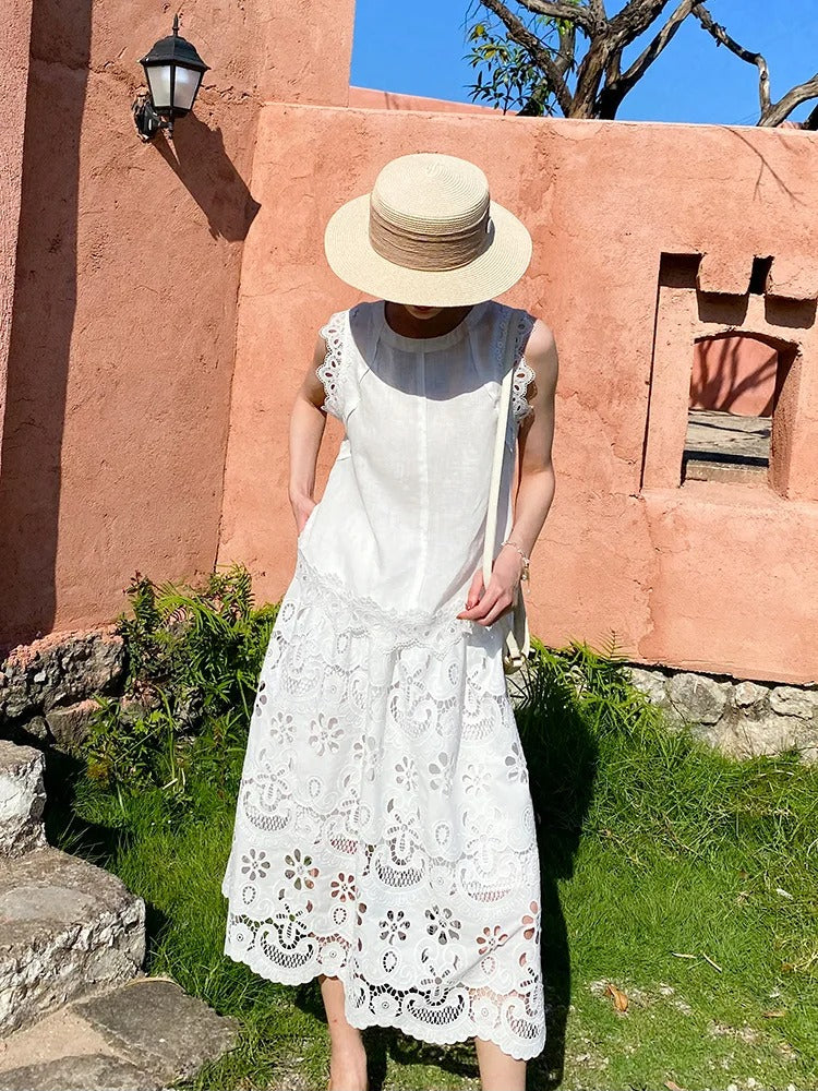 Embroidered Eyelet Blouse and Midi Skirt Set by Kalamet - product image 3