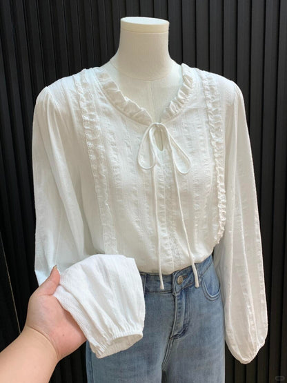 White Lace Trim Long Sleeve Blouse by Kalamet - product image 3