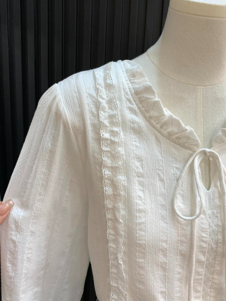 White Lace Trim Long Sleeve Blouse by Kalamet - product image 7