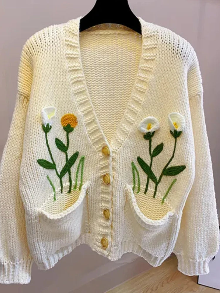 Kalamet Women Handknit Floral Vintage Apricot Cardigan Autumn Winter Knit Top with Pocket Women Sweater Clothes Knitwear C0906