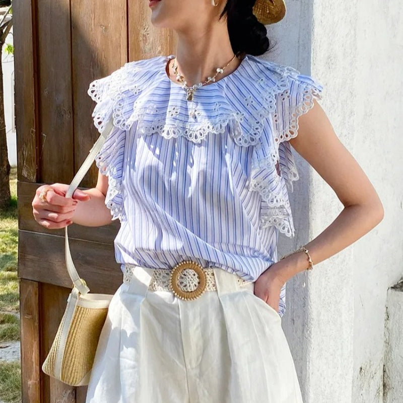 Striped Lace Trim Ruffle Blouse by Kalamet - product image 4