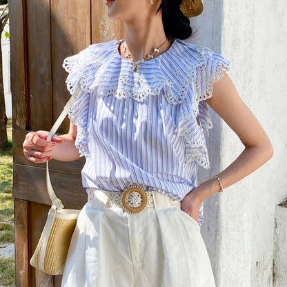 Striped Lace Trim Ruffle Blouse by Kalamet - product image 4