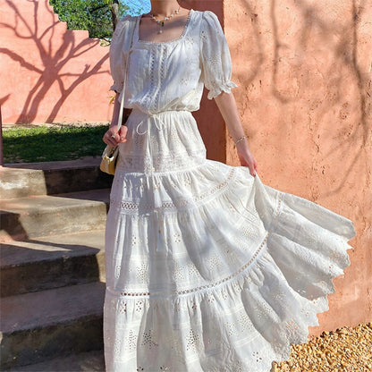 White Eyelet Puff Sleeve Skirt Set by Kalamet - product image 5