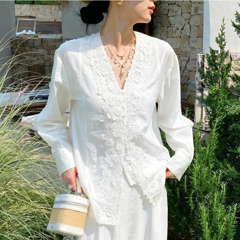 Floral Lace Trim Cotton Linen Blouse by Kalamet - product image 6