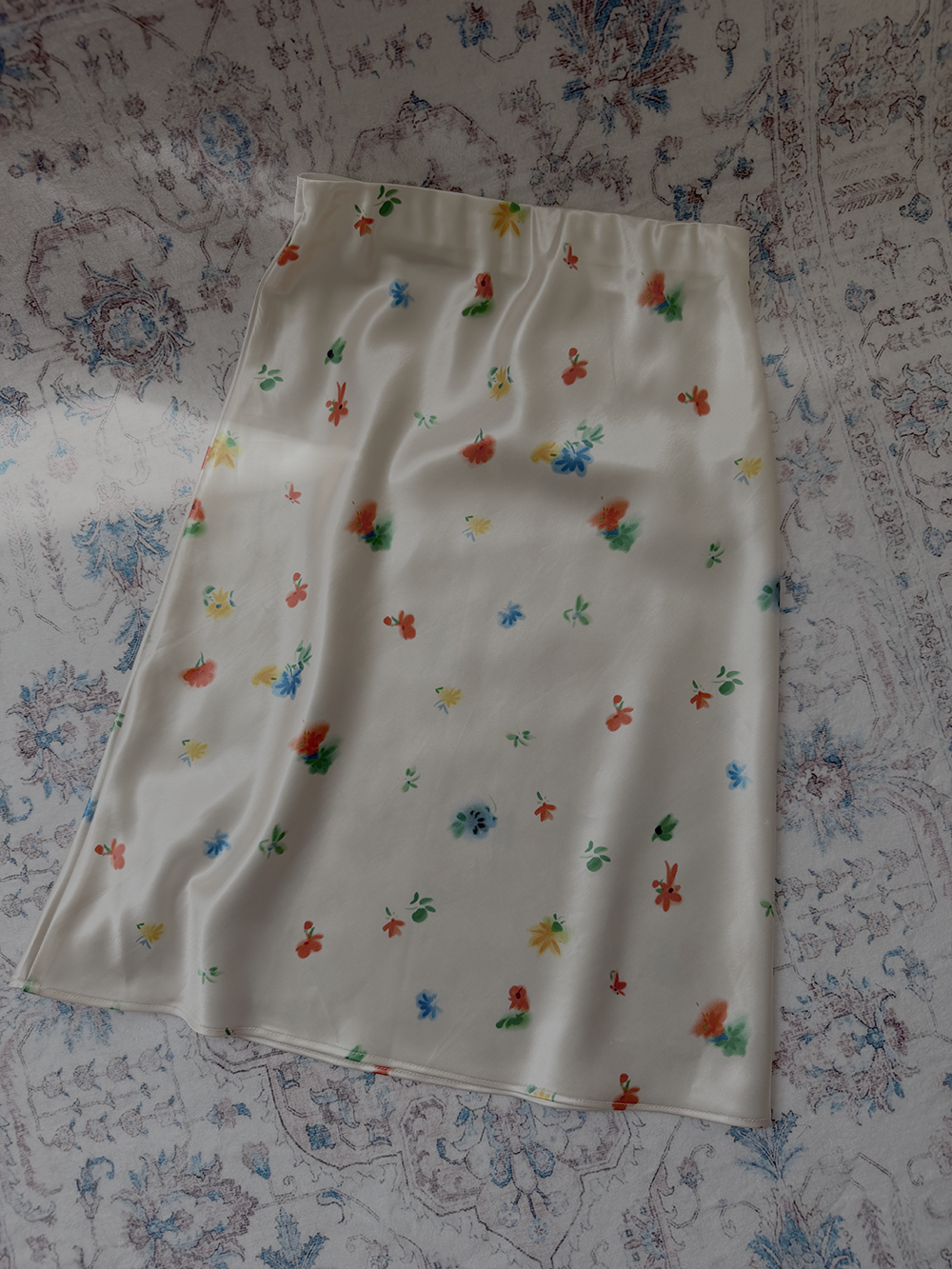 Painterly Floral Satin Bias Midi Skirt
