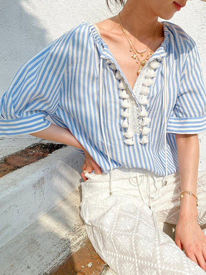Blue Striped Lace-Up Boho Blouse by Kalamet - product image 5