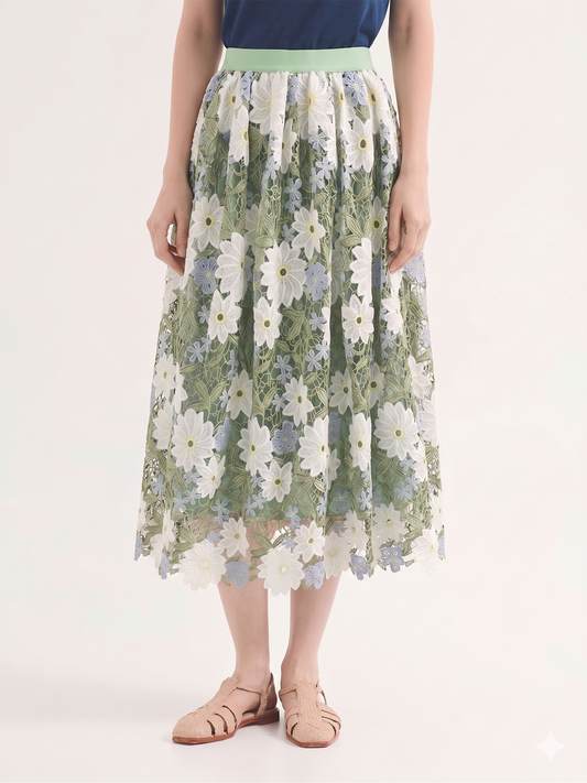 Green Floral Embroidered Lace Midi Skirt by Kalamet - product image 1