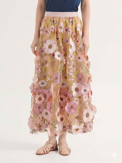 Luxury High Waist Floral Pleated Tulle Skirt