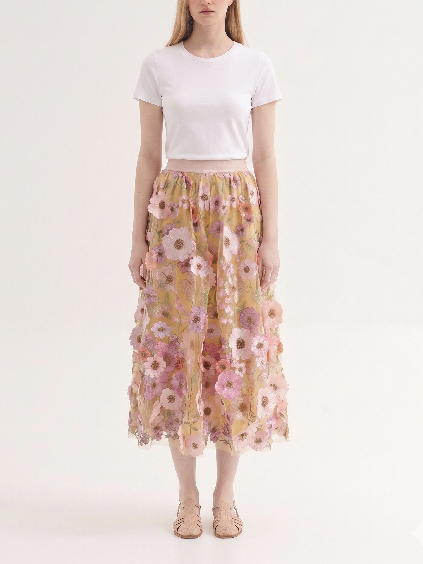 Luxury High Waist Floral Pleated Tulle Skirt