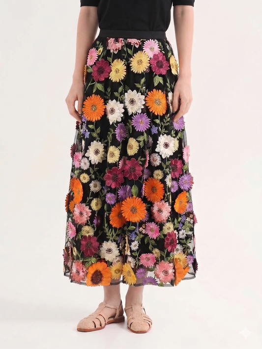 Kalamet 3D Floral High-rise Multi color Skirt