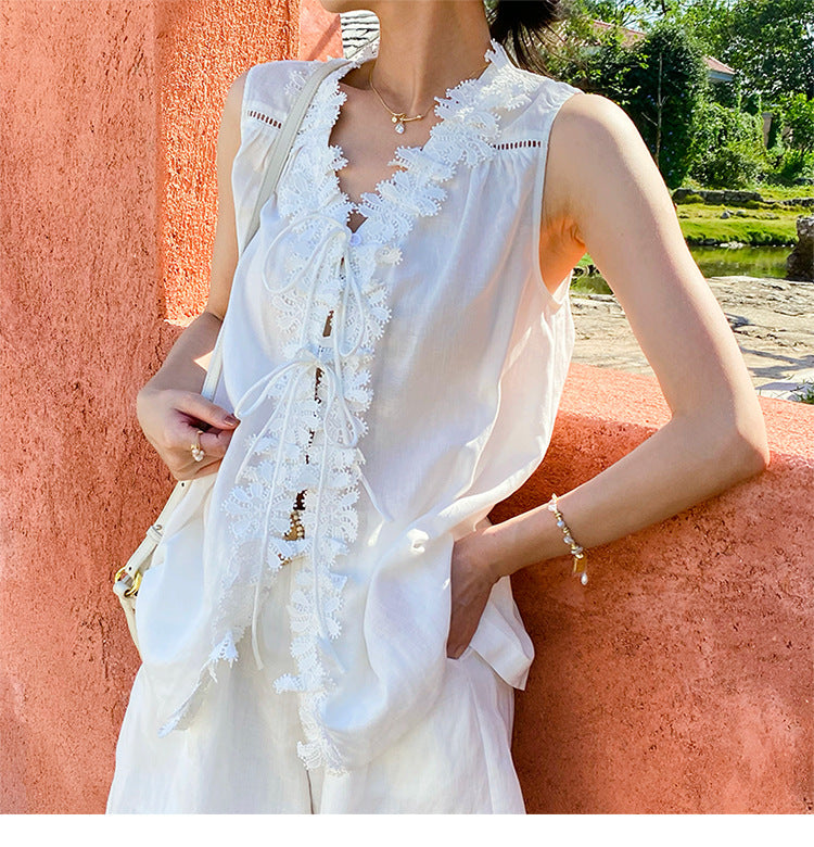 Lace Trim Sleeveless Linen Blouse by Kalamet - product image 3
