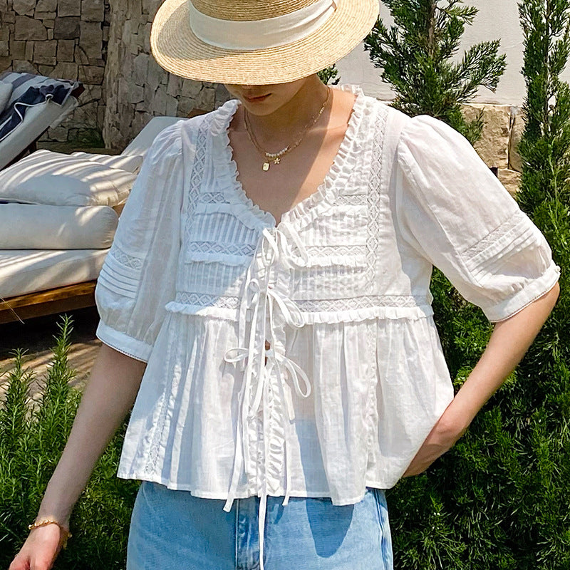 French Lace Tie-Front Cotton Blouse by Kalamet - product image 2