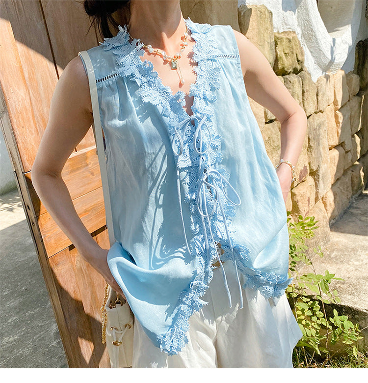 Lace Trim Sleeveless Linen Blouse by Kalamet - product image 6