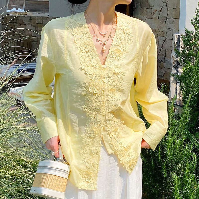 Floral Lace Trim Cotton Linen Blouse by Kalamet - product image 2