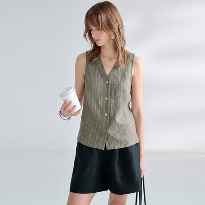 Linen Blend Pinstripe Sleeveless Vest Top