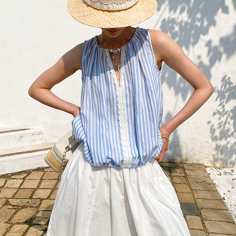 Striped Lace Trim Sleeveless Blouse by Kalamet - product image 4