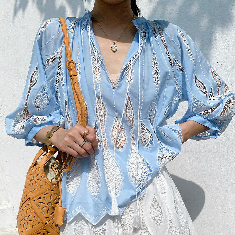 Blue Bohemian Cutout Embroidered Blouse by Kalamet - product image 1