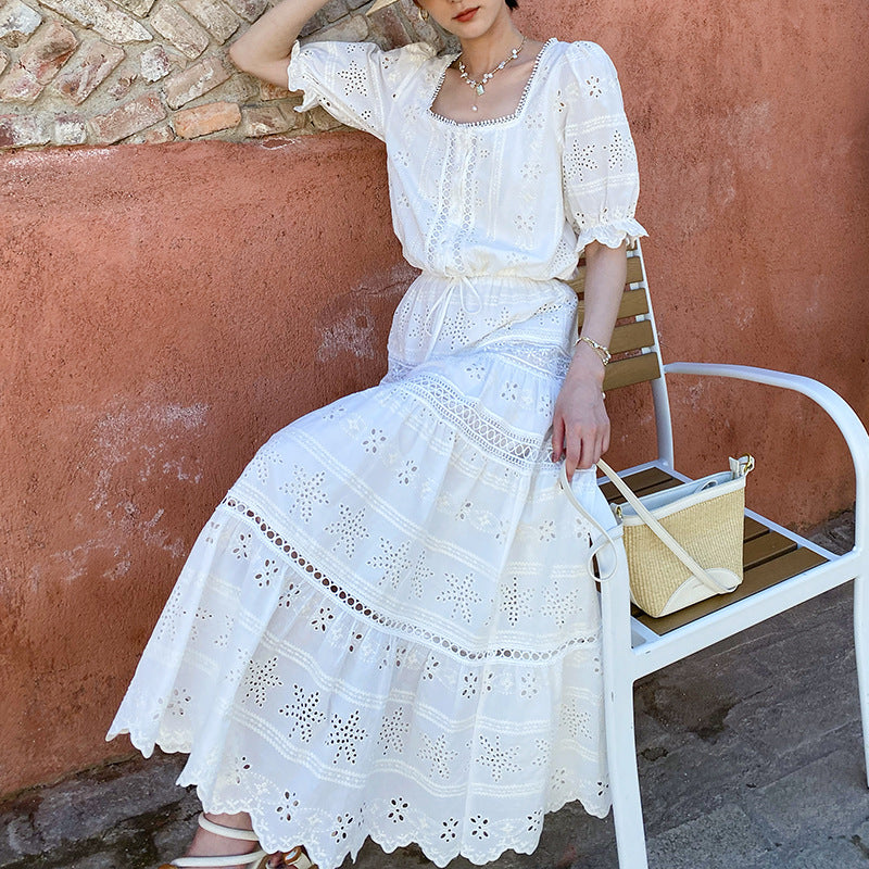 White Eyelet Puff Sleeve Skirt Set by Kalamet - product image 3