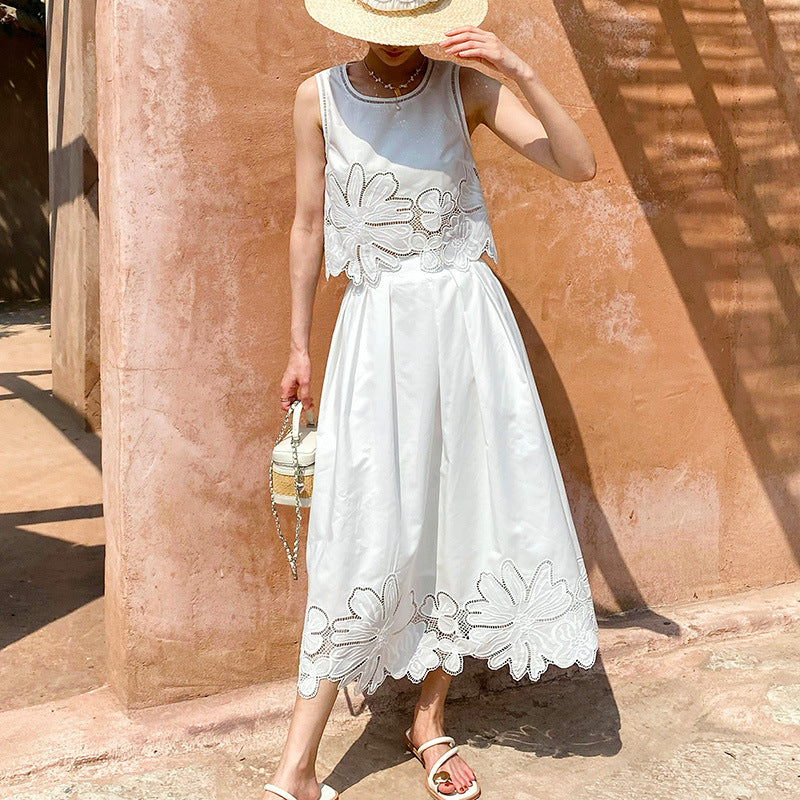 White Embroidered Top and Midi Skirt Set by Kalamet - product image 1