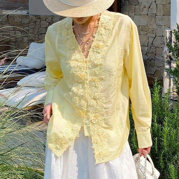 Floral Lace Trim Cotton Linen Blouse by Kalamet - product image 1