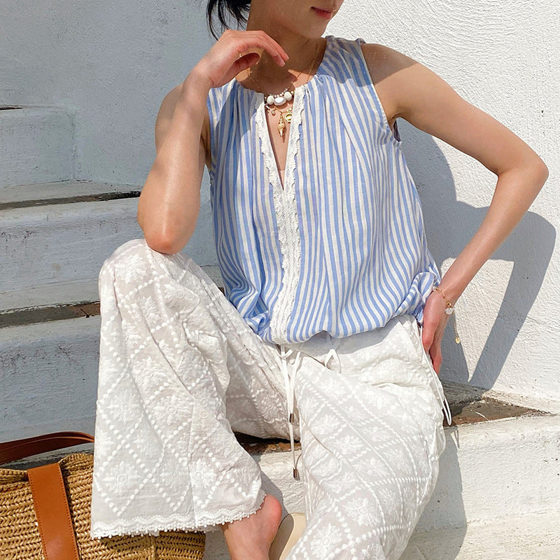 Striped Lace Trim Sleeveless Blouse by Kalamet - product image 3