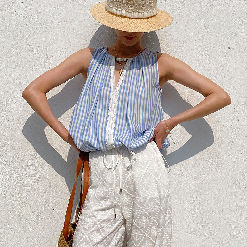 Striped Lace Trim Sleeveless Blouse by Kalamet - product image 2