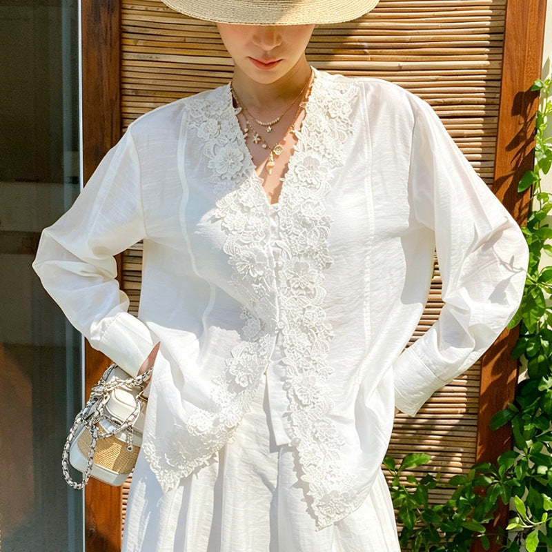Floral Lace Trim Cotton Linen Blouse by Kalamet - product image 5