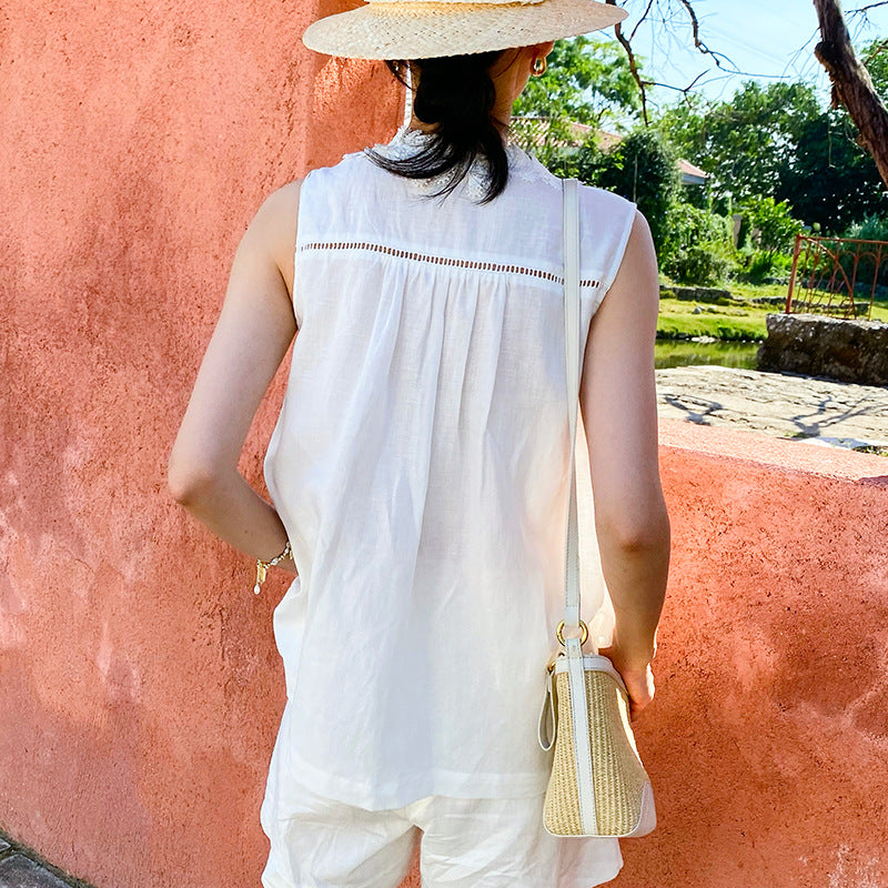 Lace Trim Sleeveless Linen Blouse by Kalamet - product image 4