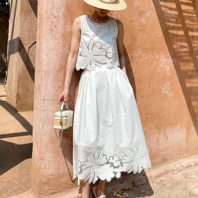 White Embroidered Top and Midi Skirt Set by Kalamet - product image 5