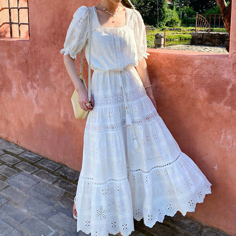 White Eyelet Puff Sleeve Skirt Set by Kalamet - product image 4