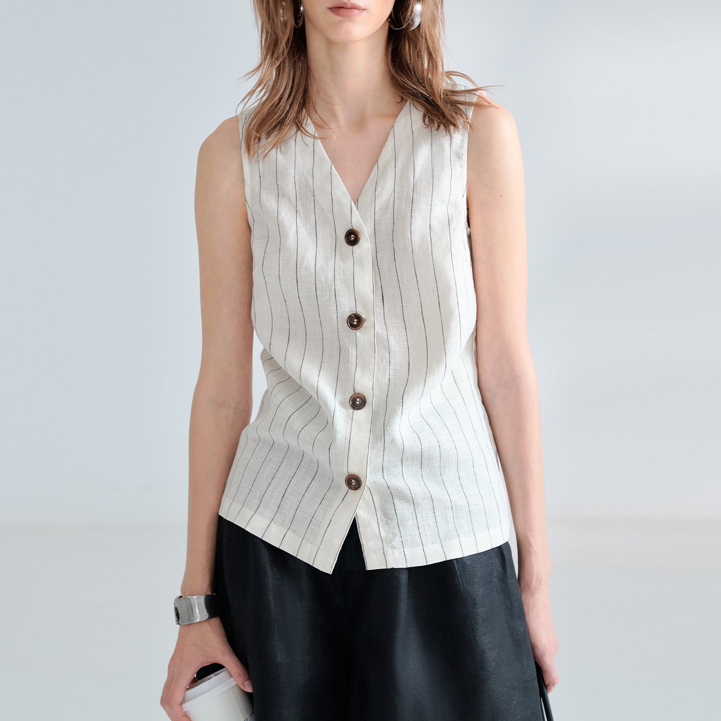 Linen Blend Pinstripe Sleeveless Vest Top