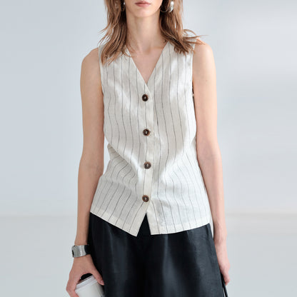Linen Blend Pinstripe Sleeveless Vest Top