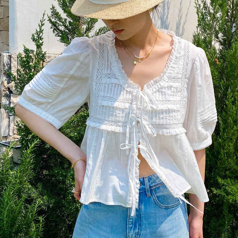 French Lace Tie-Front Cotton Blouse by Kalamet - product image 1