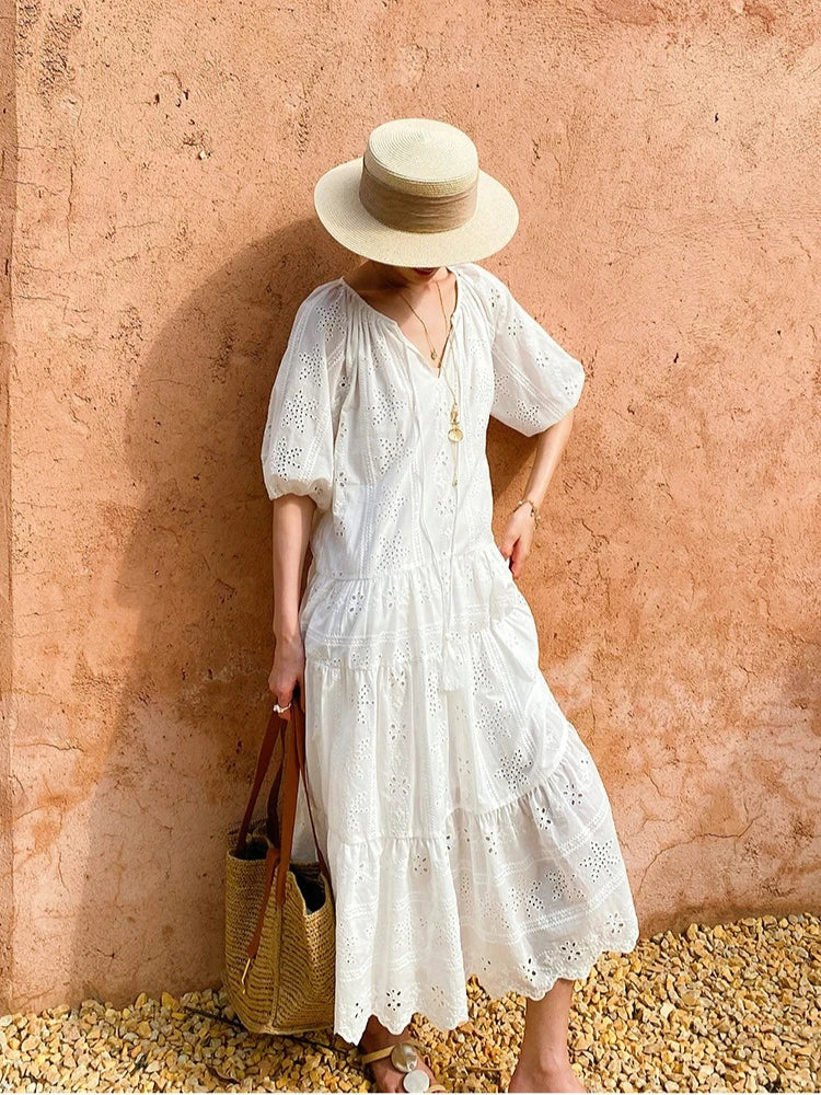 White Embroidered Eyelet Midi Dress by Kalamet - product image 6