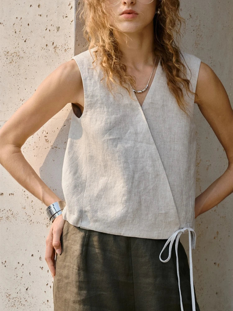 Wrap Front Linen Sleeveless Top