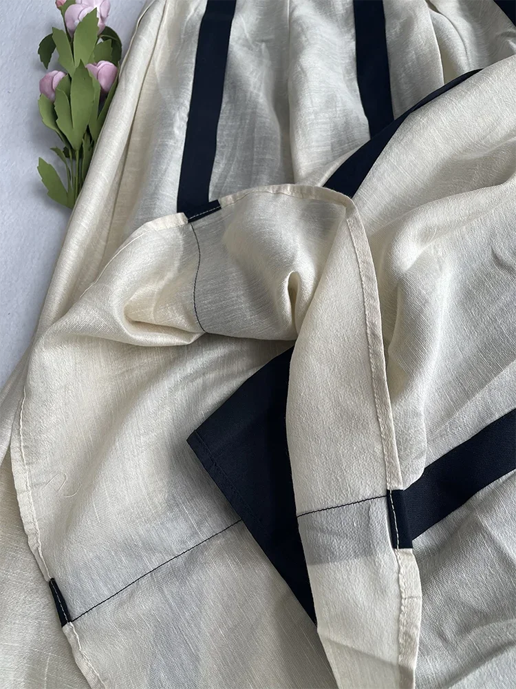 KALAMET A-LINE Pleated Striped Linen Blended Skirt