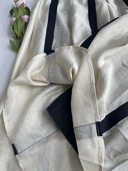 KALAMET A-LINE Pleated Striped Linen Blended Skirt