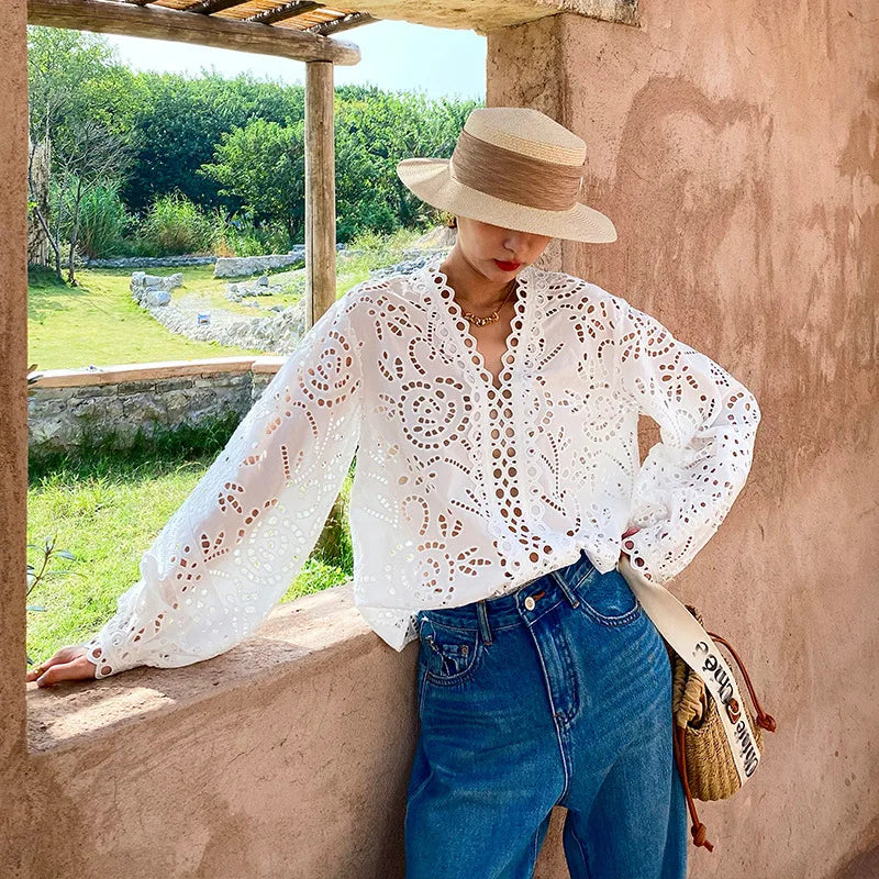 V-Neck Embroidered Eyelet Blouse by Kalamet - product image 3