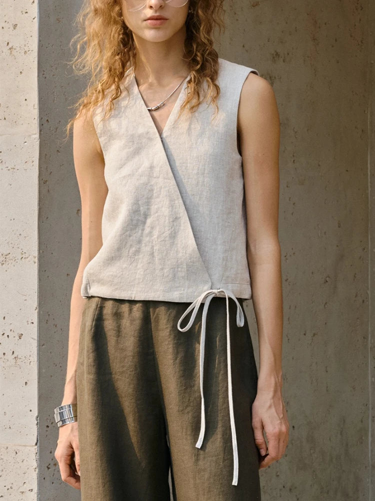Wrap Front Linen Sleeveless Top
